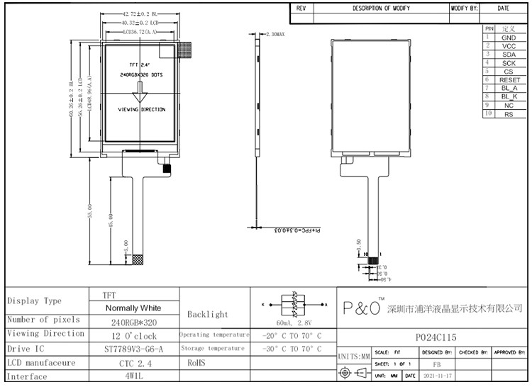 Polcd RoHS 2.4 インチ LCD Tft ディスプレイ ST7789V3 TFT LCD モジュール 4 ワイヤー SPI