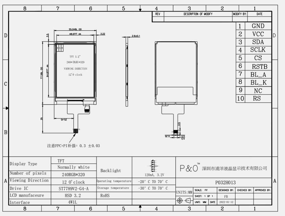 Polcd ST7789V 3.2 インチ Tft Lcd カラー 262K TFT LCD ディスプレイ 48.6mm 12 0'CLOCK