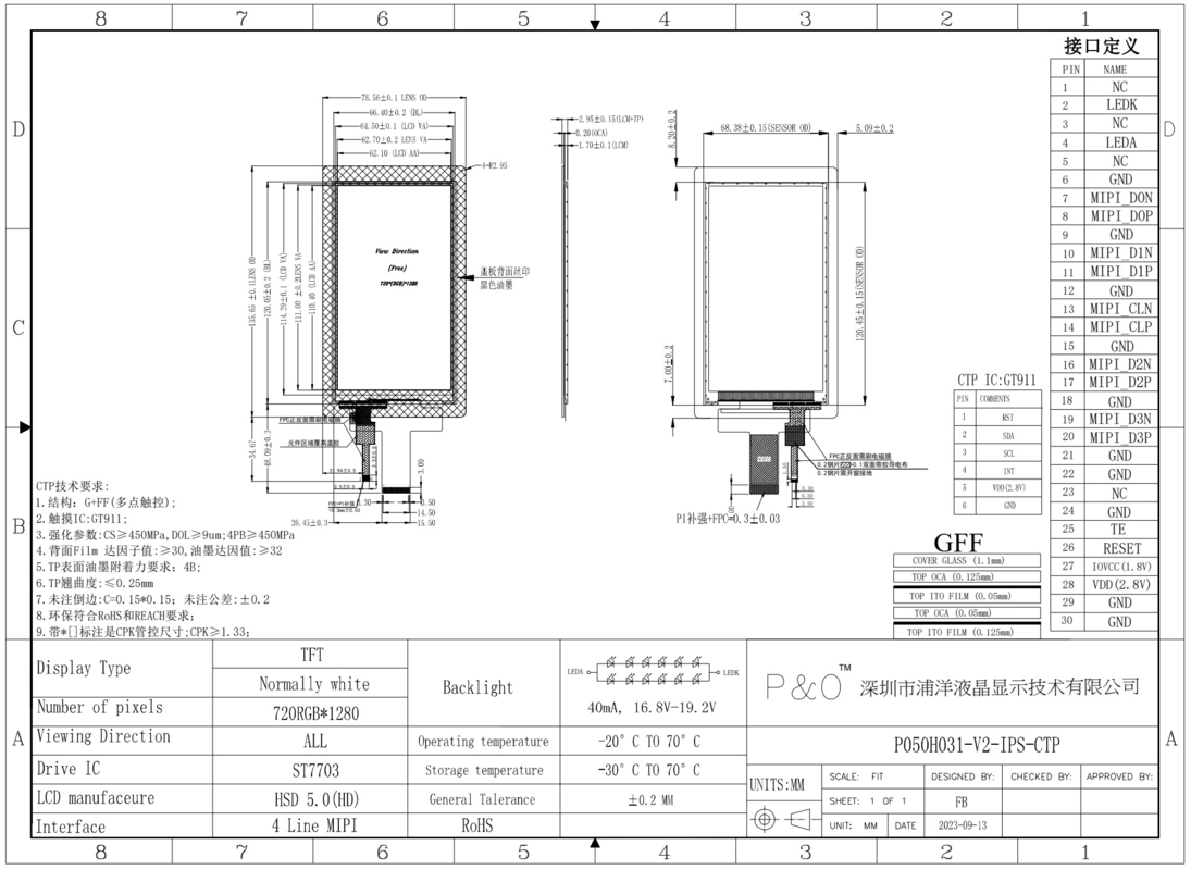 Polcd 5インチ LCD 縦画面 720*1280 MIPI インターフェイス 容量タッチパネル IPS 5' TFT ディスプレイ