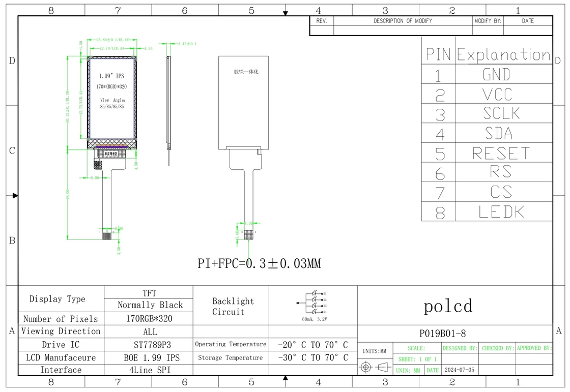 Polcd 小サイズ1.9インチLCDディスプレイ 170*320 伝送型IPS TFT LCDモジュール画面