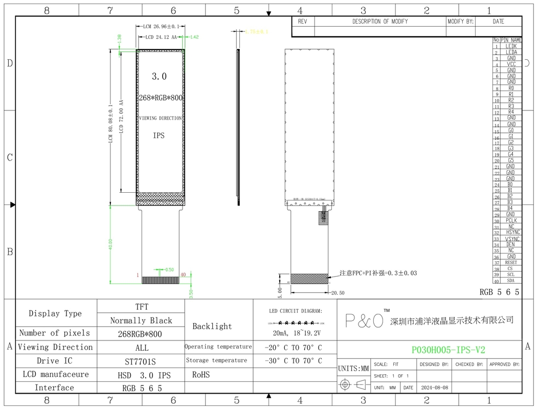 Polcd 3インチ カラースクリーン モジュール 268*800 ST7701S ic 高明るさ IPS 3
