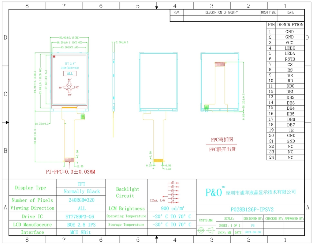 Polcd 2.8 インチ LCDスクリーン 240x320 MCU インターフェイス ワイドビューアングル TFT トランスフレクティブ LCD モジュール ST7789P3-G6