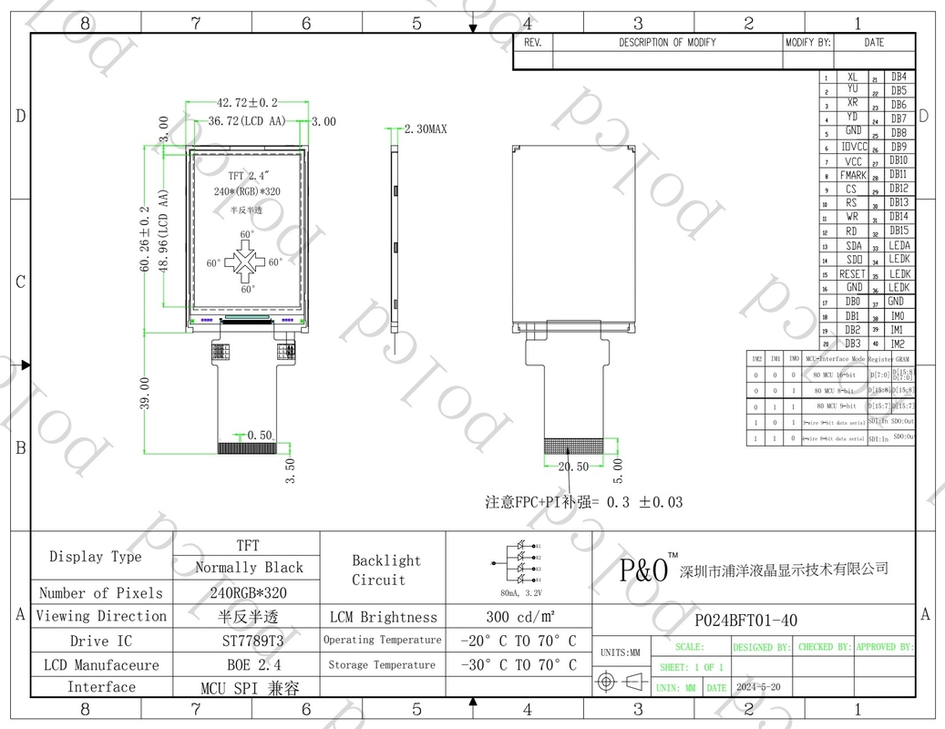 Polcd フルカラーLCDディスプレイ 反射性2.4インチ TFT SPI MCU 20ピンQvga 240x320 TFT LCD