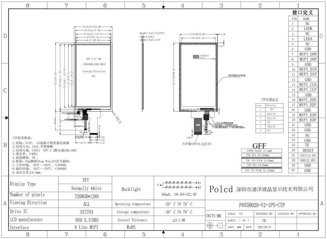 Polcd 5.5インチ IPS TFT LCD 720x1280 MIPIインターフェース付きフルビューイングアングル LCDディスプレイモジュール