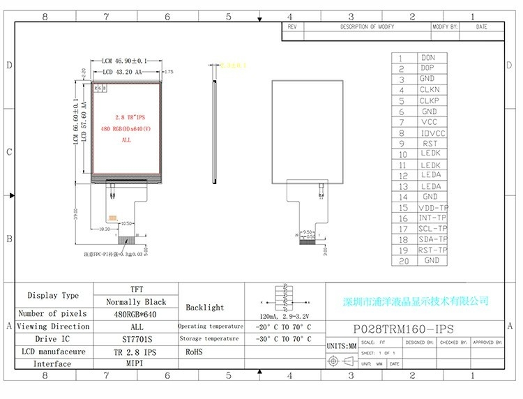 Polcd 2.8 インチ 480×640 解像度 IPS ガラス LCM LCD モジュール MIPI インターフェイス TFT ディスプレイ