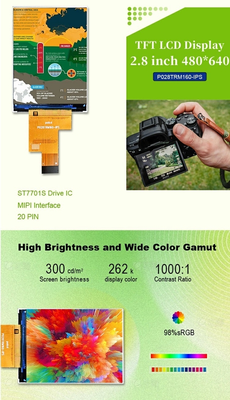 Polcd 2.8 インチ IPS 全視角 TFT 480*640 解像度 20ピン ST7701S ic LCDディスプレイモジュール