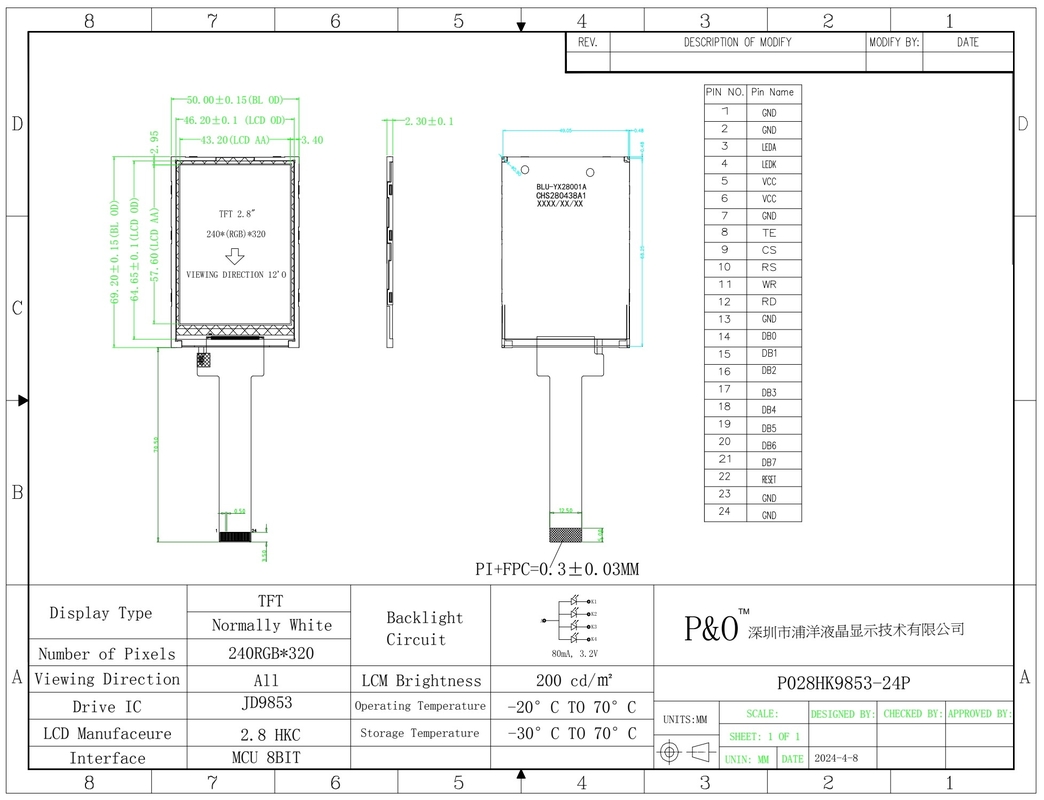 Polcd 2.8 インチ TFT ディスプレイ 240x320 IPS スクリーン 高コントラスト 1200:1 TFT パネル LCD モジュール