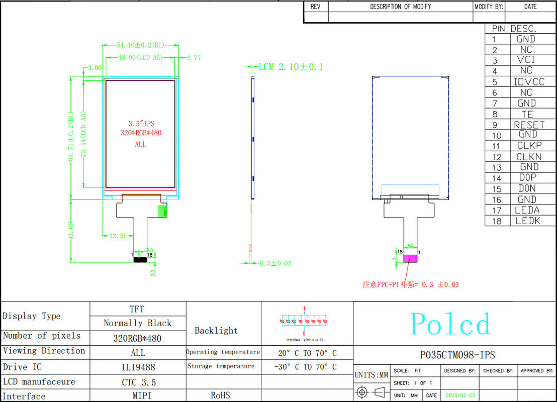 Polcd 3.5 インチ IPS TFT LCD 320*480 Ili9488 ドライブ Ic 600:1 コントラスト比 LCD ディスプレイ モジュール