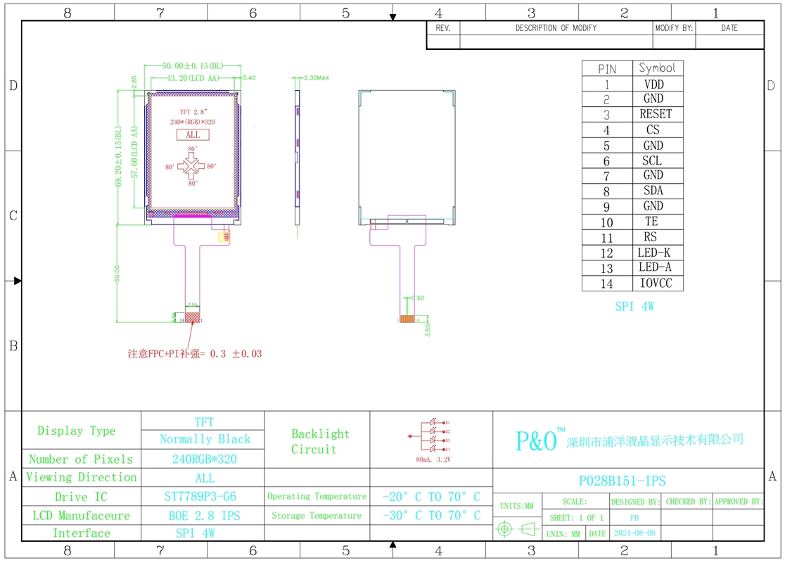 Polcd 小型ディスプレイ TFT IPS 2.8 インチ SPI インターフェース 240*320 RGB カラー画面 ST7789P3-G6 TFT LCD