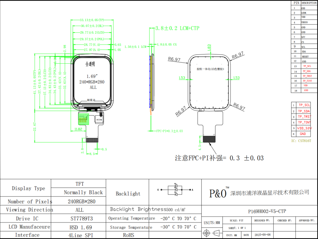 Polcd 1.69 インチ 240x280 TFT ディスプレイ モジュール スマートウォッチ用 スクエア LCD タッチスクリーン
