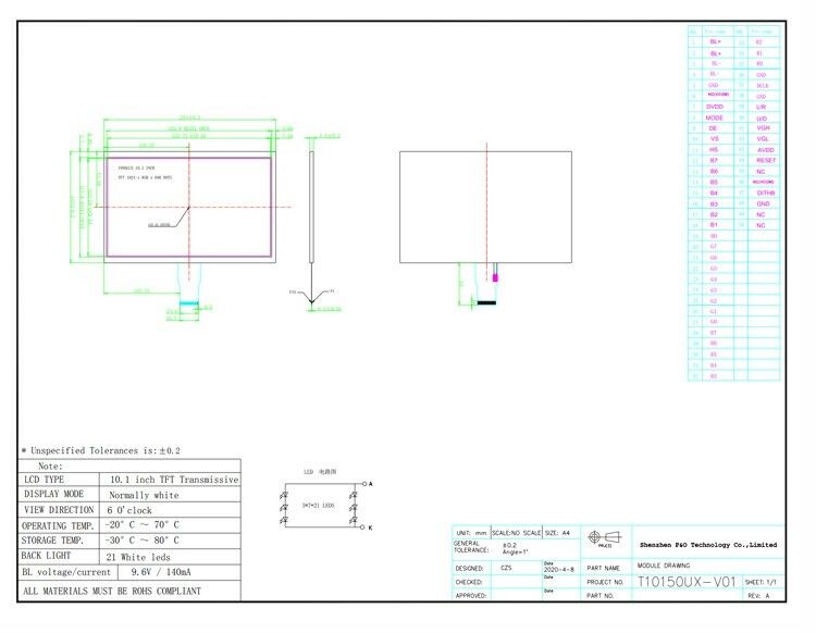 Polcd の決断 1024X600 10.1 インチ Lcd の表示 EK79001 Tft の表示モジュール 750 Nit