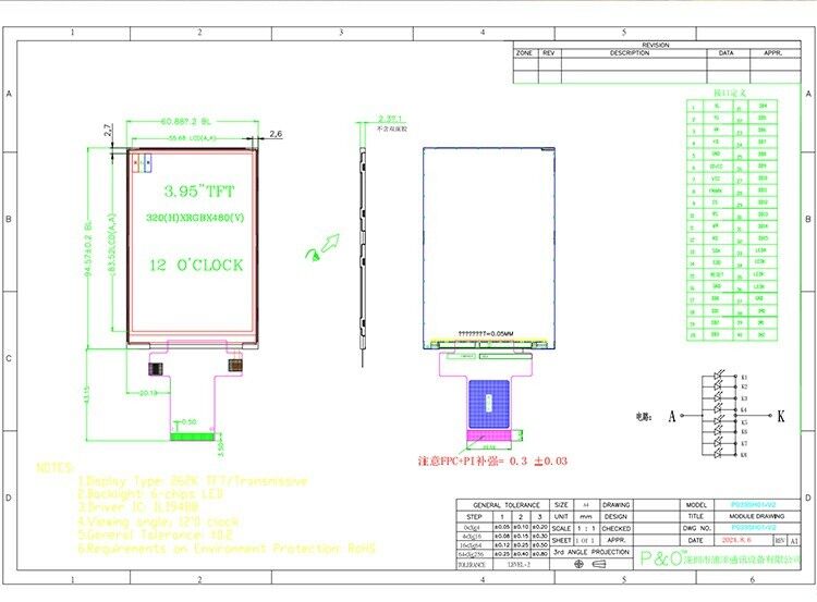 Polcd 3.95 インチ 320*480 LCD ディスプレイ RGB インターフェース ILI9488 40ピン TFT トランスミシブ LCD モジュール