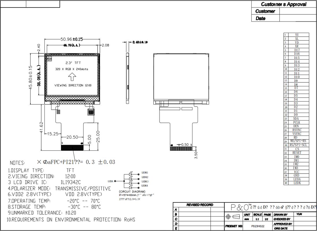 2.31インチ320×240Lcdディスプレイ RGB 18ビットインターフェース 35.06mm IPSスクエアスクリーン