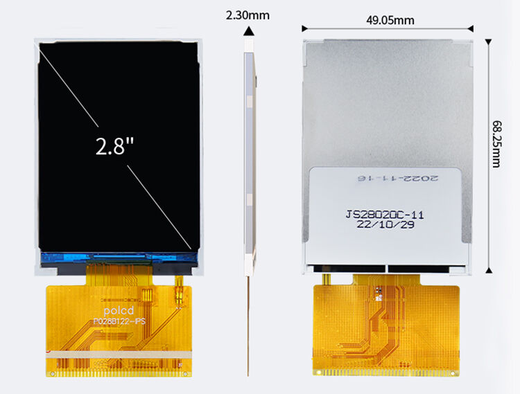 Polcd 小型2.8インチ 240x320 QVGA 高明るさ 300nits SPIインターフェイス IPS TFTディスプレイ