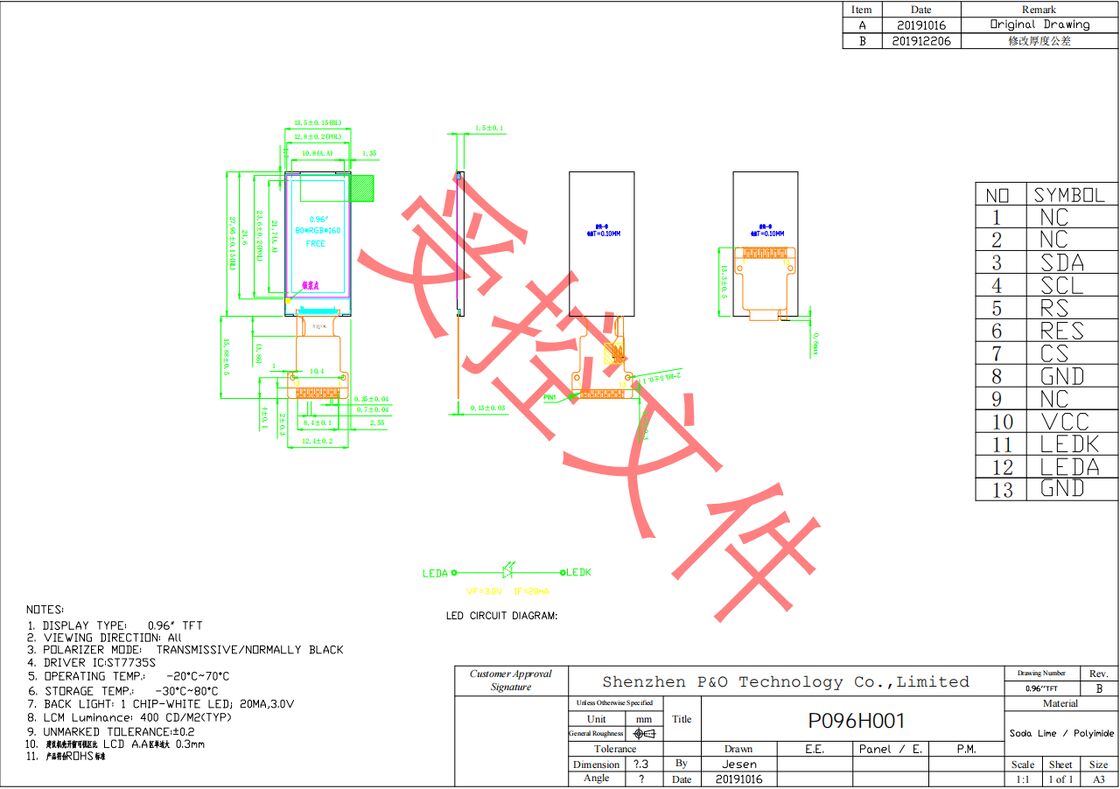 Polcd 0.96インチLCDサプライヤー 80*160 SPIインターフェース IPS視野角カスタムFPC TFTディスプレイモジュール