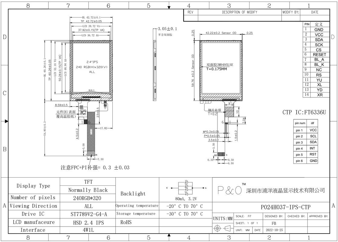 Polcd 2.4インチ 240*320 IPS LCD モジュール フルビュー CTP 容量タッチパネル Qvga 2.4 TFT ディスプレイ