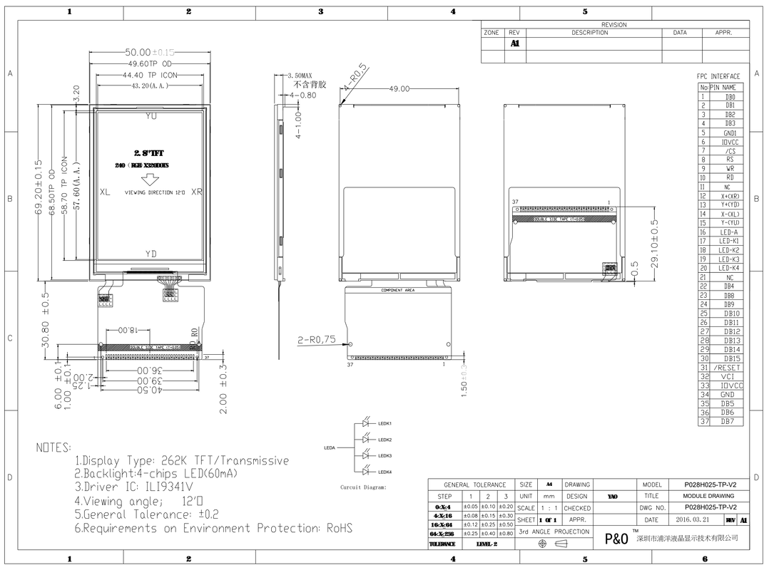 Polcd 240x320解像度 37ピン TFT LCD ILI9341Vドライブ ic 2.8 インチタッチスクリーン