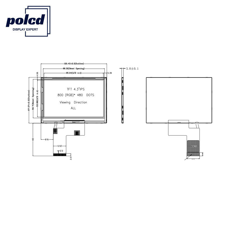 Polcd ST7262E43 4.3 インチ容量性タッチ スクリーン 40 ピン Lcd 800x480 300 Nit